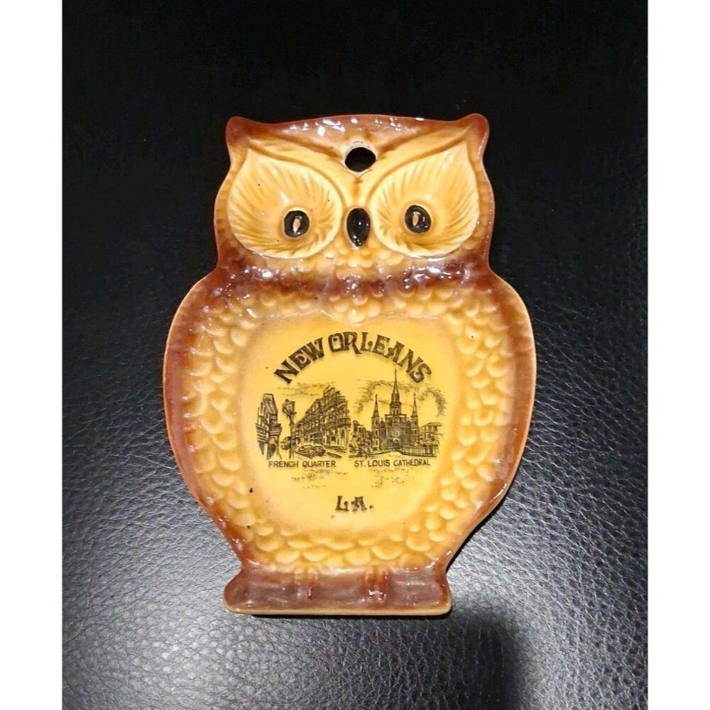 1970s Owl Spoon Rest New Orleans LA French Quarter Souvenir Wall Hanging READ